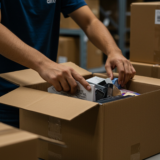 warehouse worker packing customer orders for pick and pack fulfilment